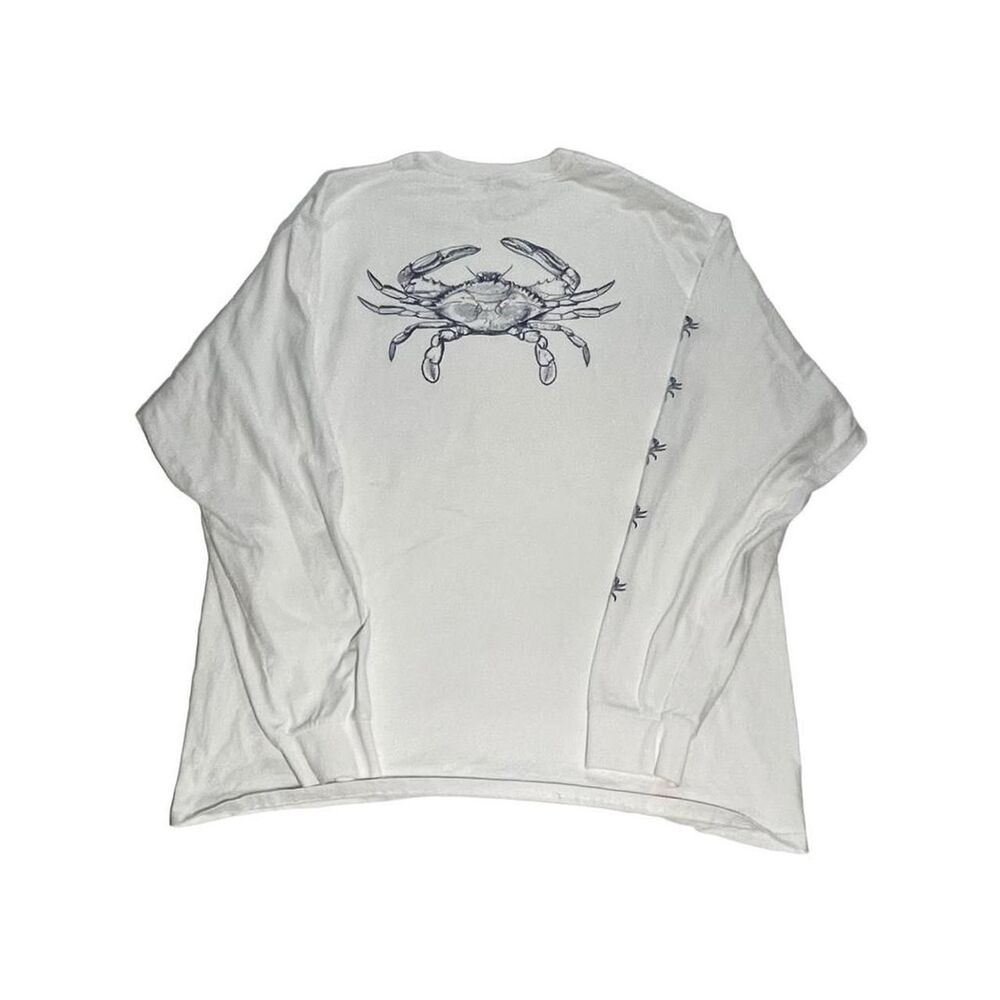 The Crab Shack Tybee Island GA T-Shirt Large White Blue Crab Graphic Long Sleeve